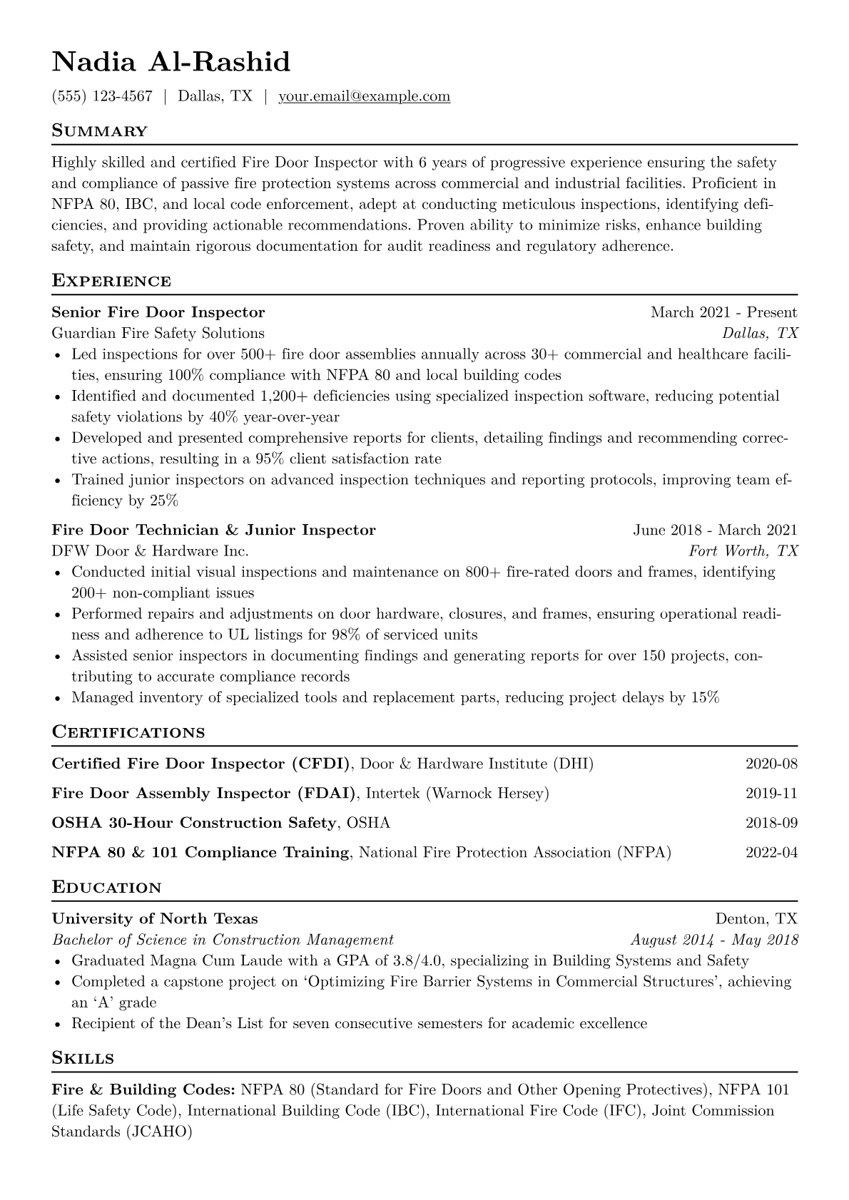 Fire Door Inspector Resume Example CV template - Page 1