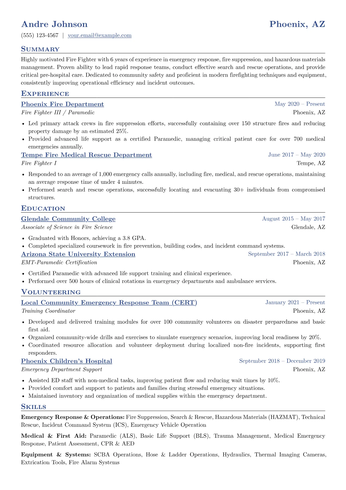 Fire Fighter Resume Example CV template - Page 1
