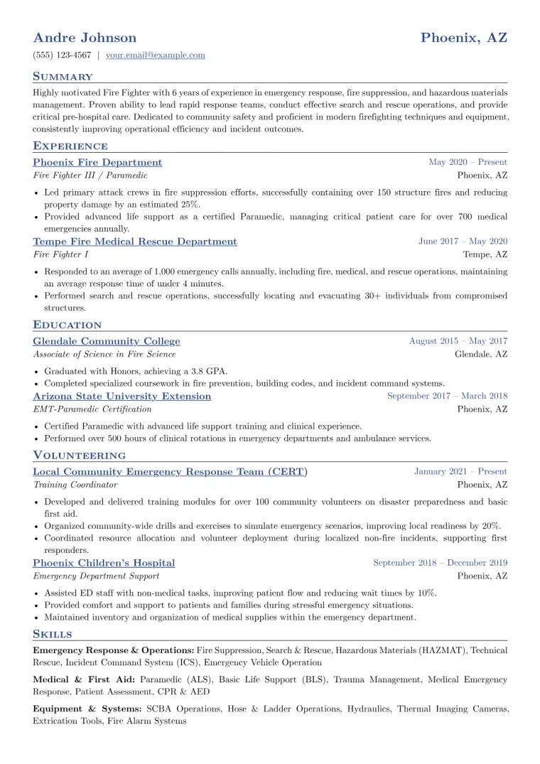 Fire Fighter Resume Example CV template preview