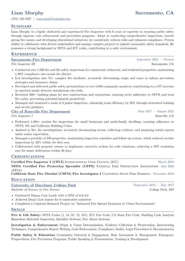 Fire Inspector Resume Example CV template preview
