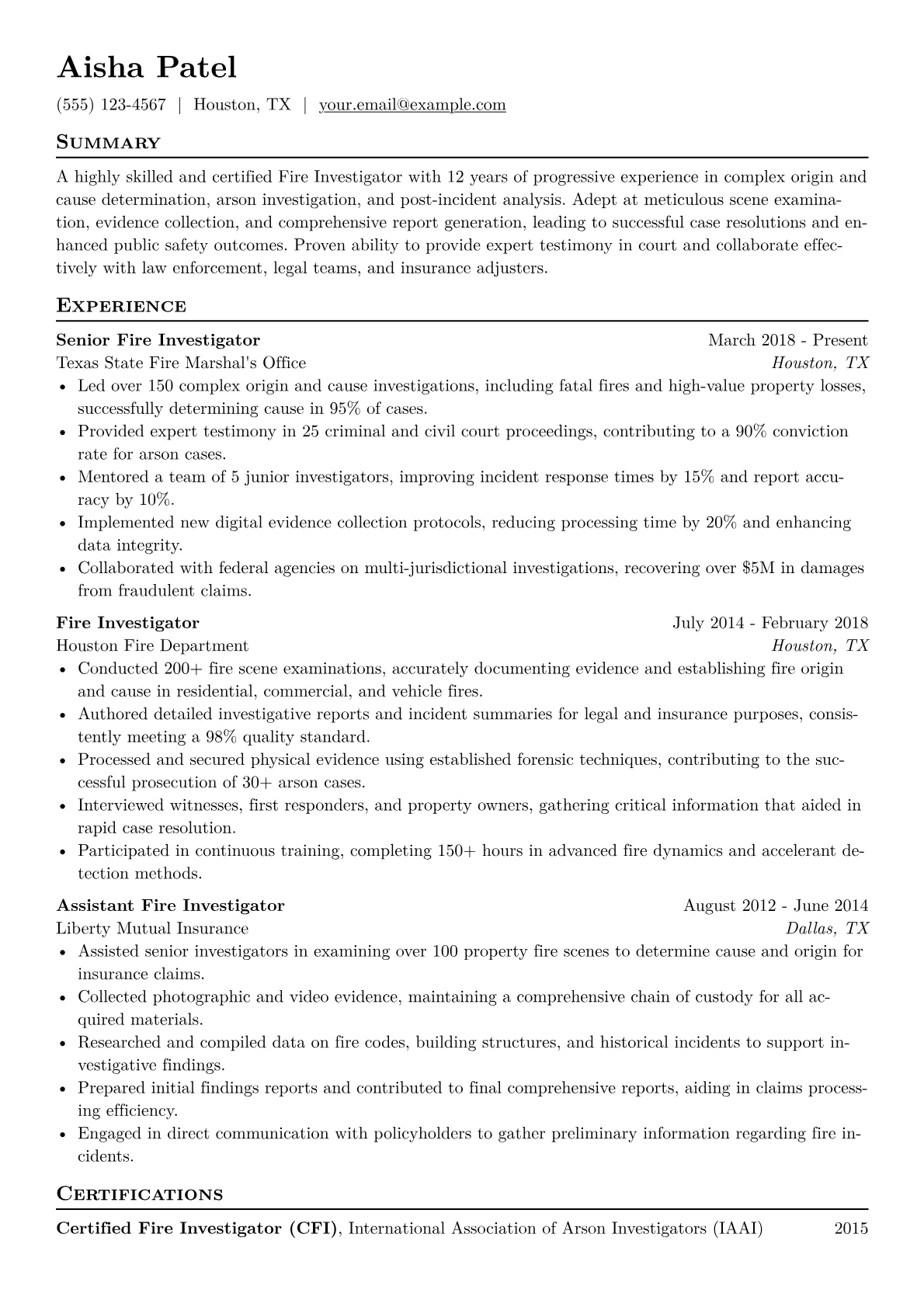 Fire Investigator Resume Example CV template - Page 1
