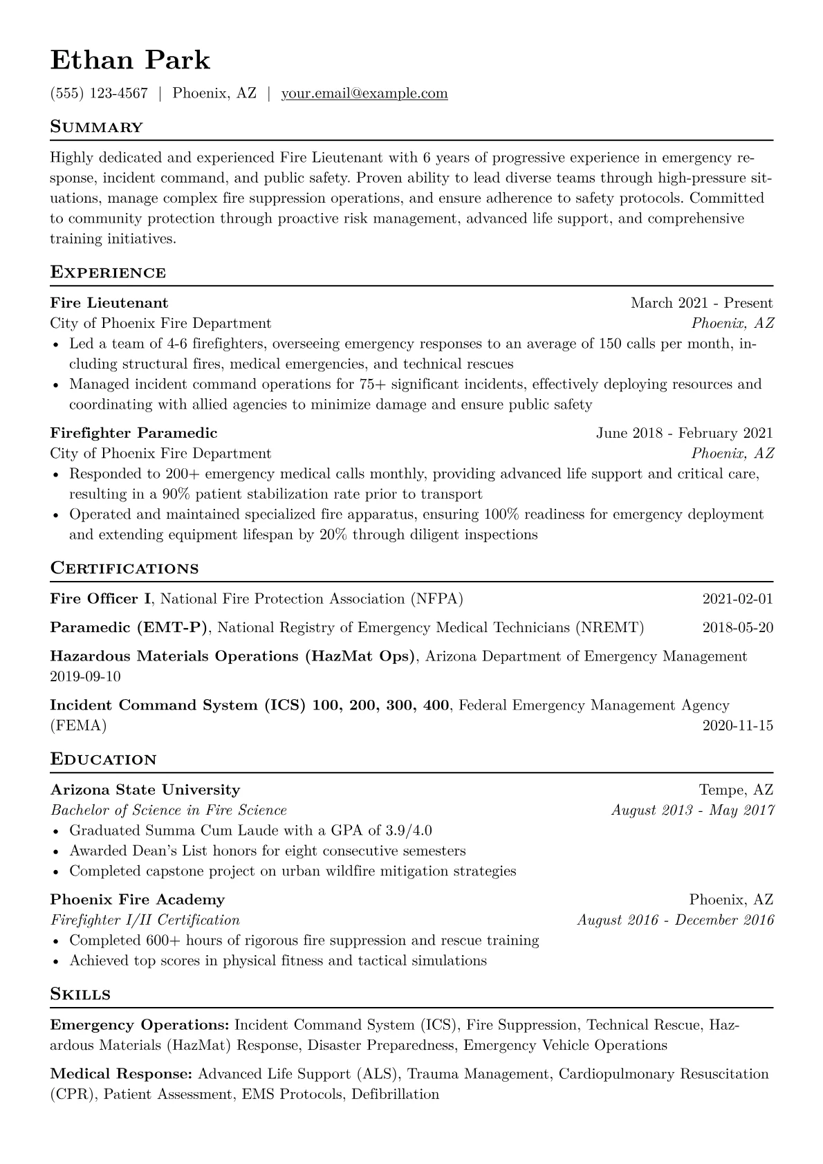 Fire Lieutenant Resume Example CV template - Page 1