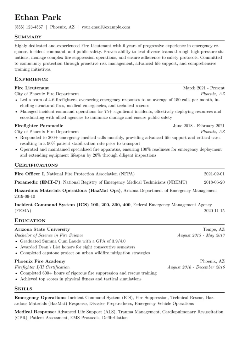 Fire Lieutenant Resume Example CV template preview