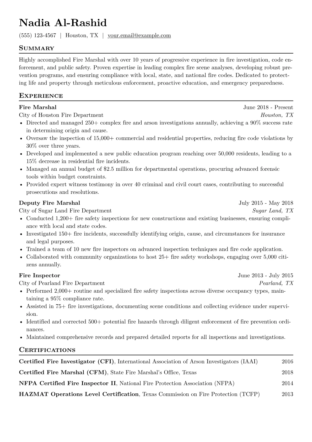 Fire Marshal Resume Example CV template - Page 1