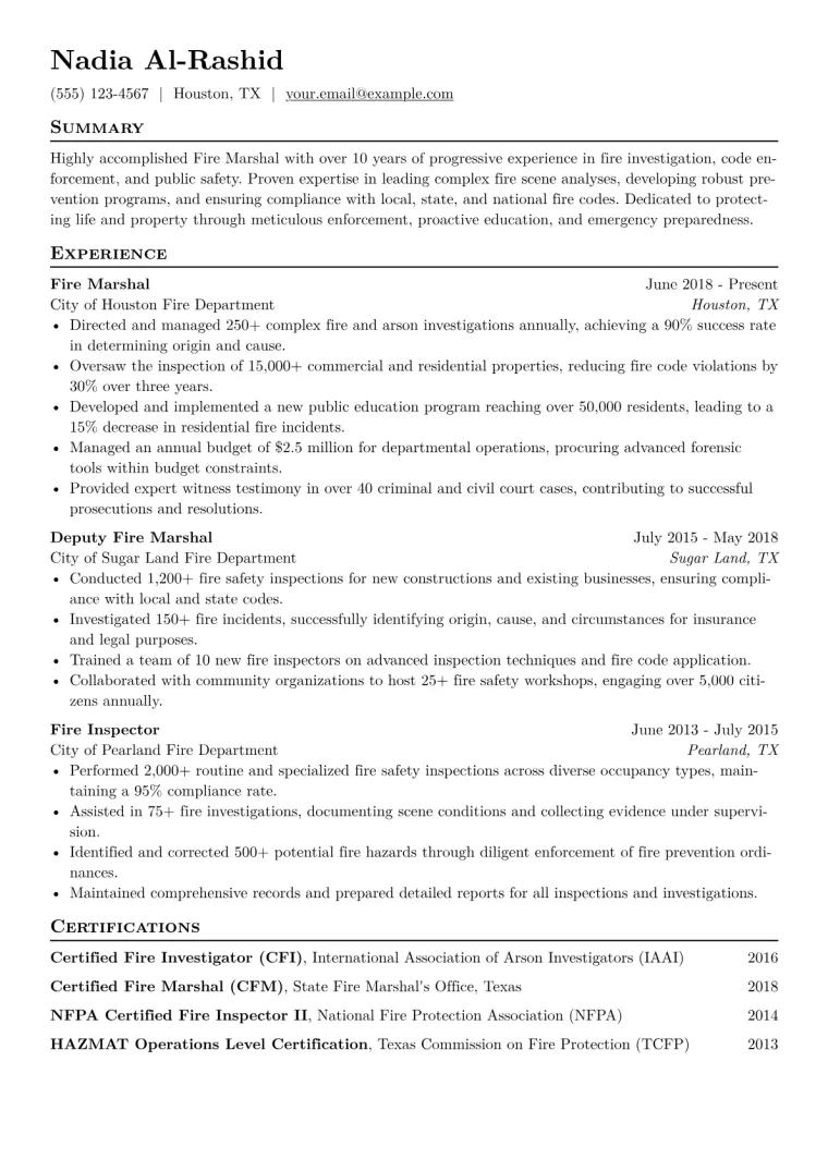 Fire Marshal Resume Example CV template preview