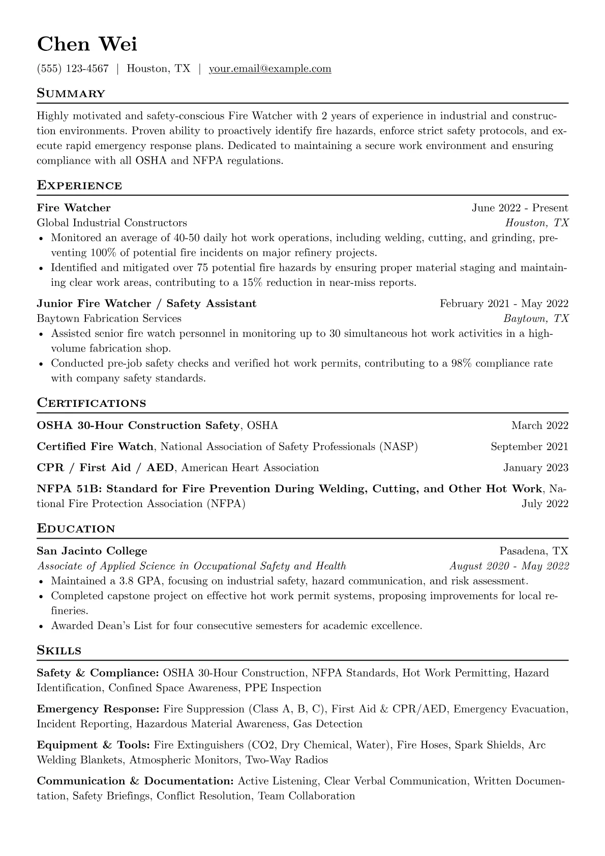 Fire Watcher Resume Example CV template - Page 1