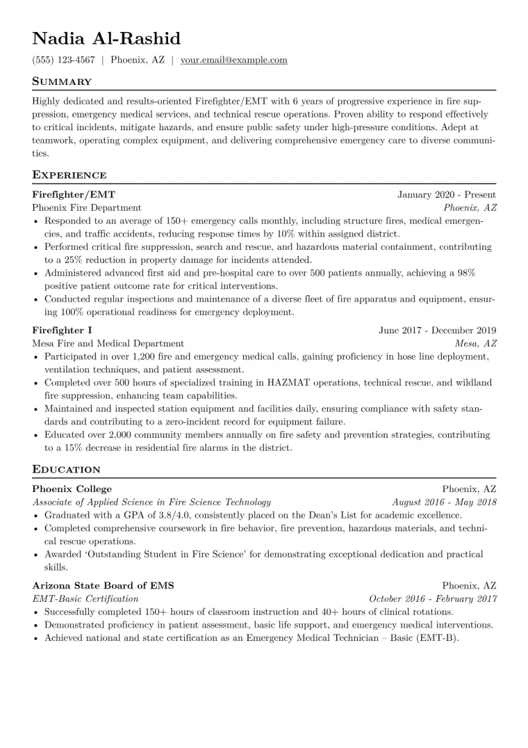 Firefighter Resume Example CV template preview