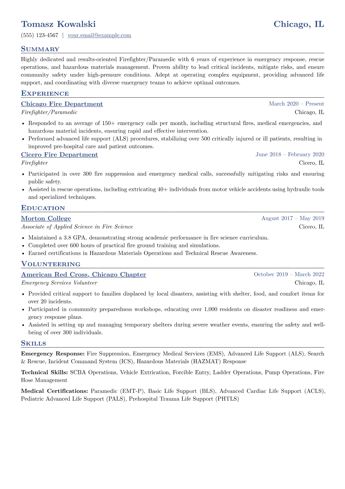 Fireman Resume Example CV template - Page 1