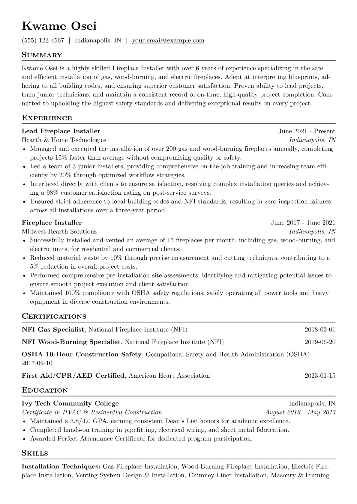 Fireplace Installer Resume Example CV template - Page 1
