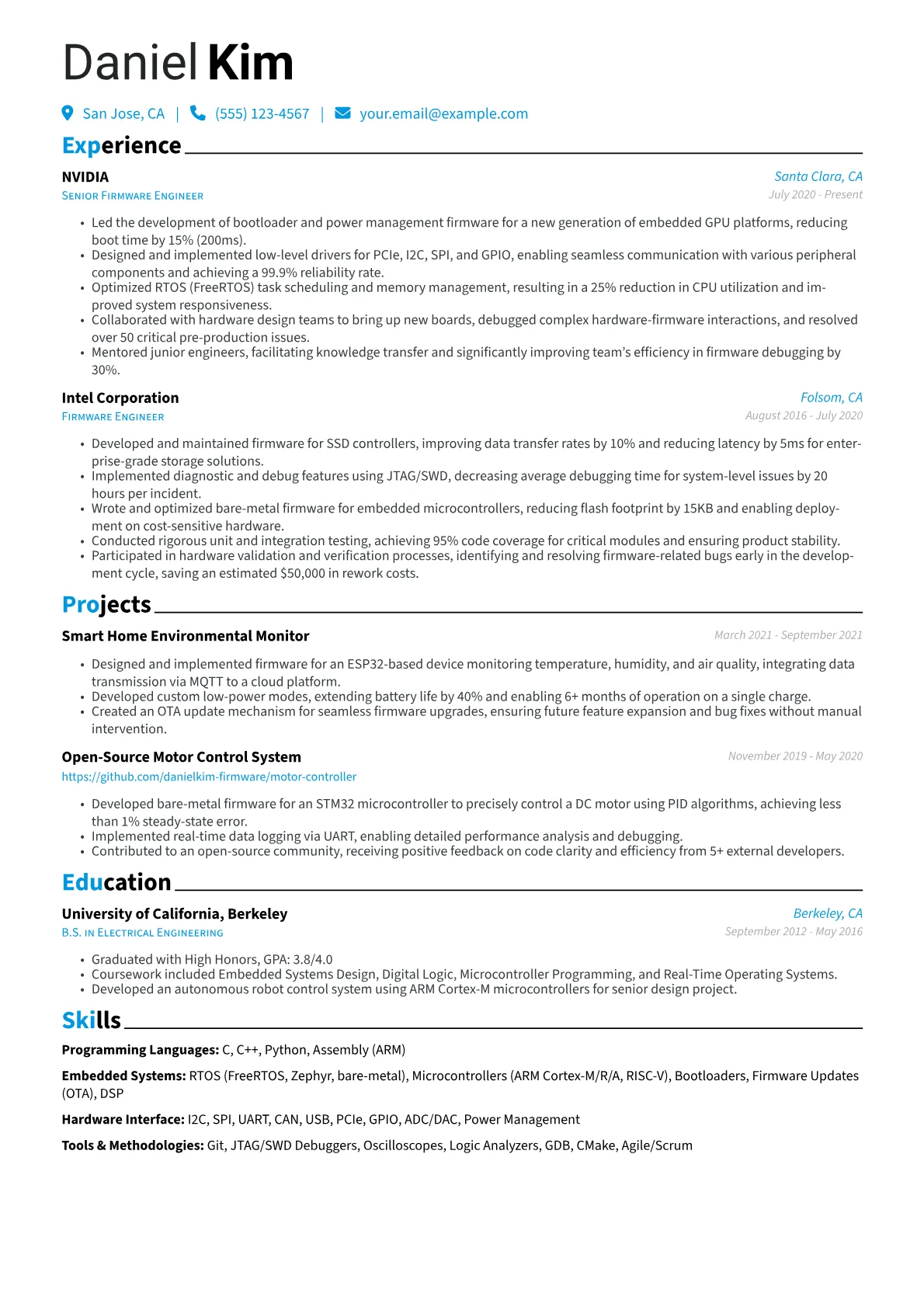 Firmware Engineer Resume Example CV template - Page 1