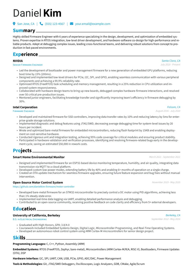Firmware Engineer Resume Example CV template preview