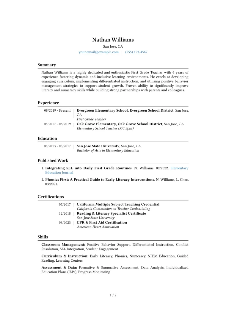 First Grade Teacher Resume Example CV template preview