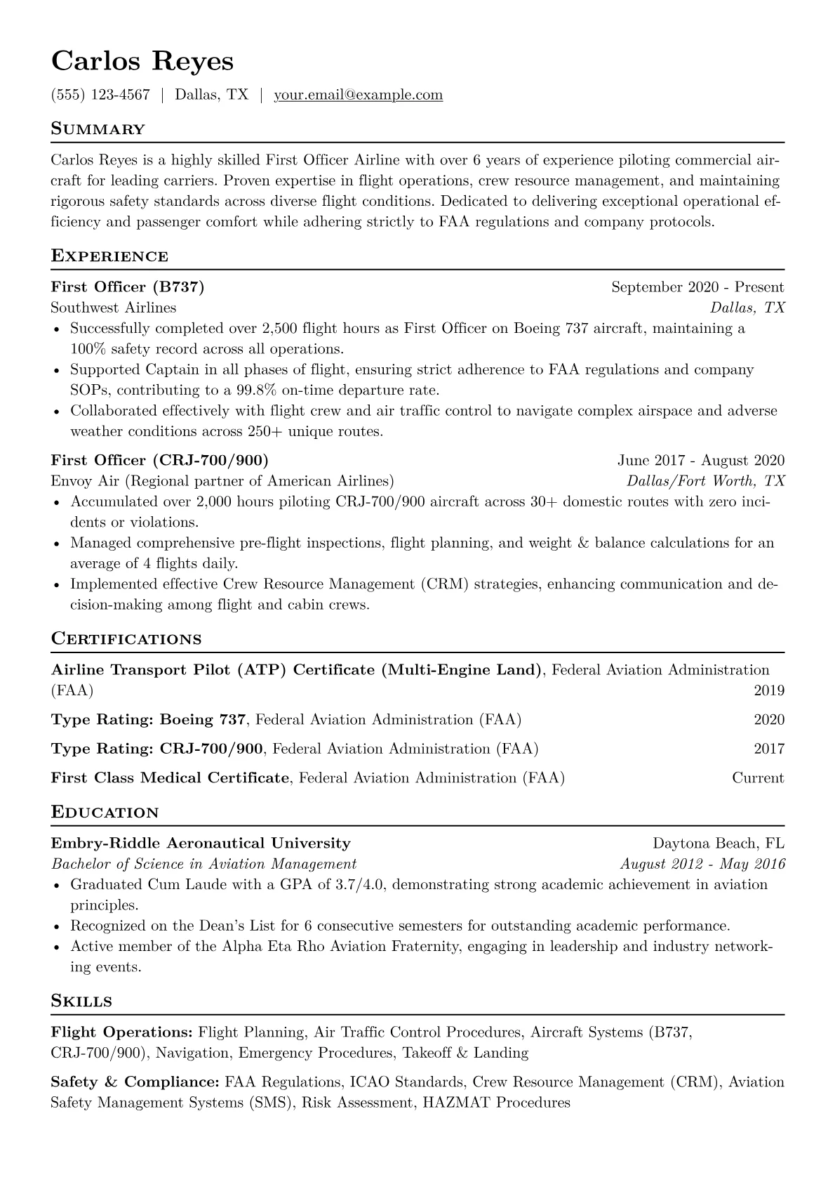 First Officer Airline Resume Example CV template - Page 1