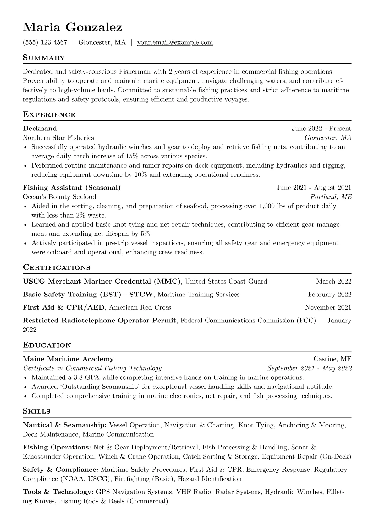 Fisherman Resume Example CV template - Page 1