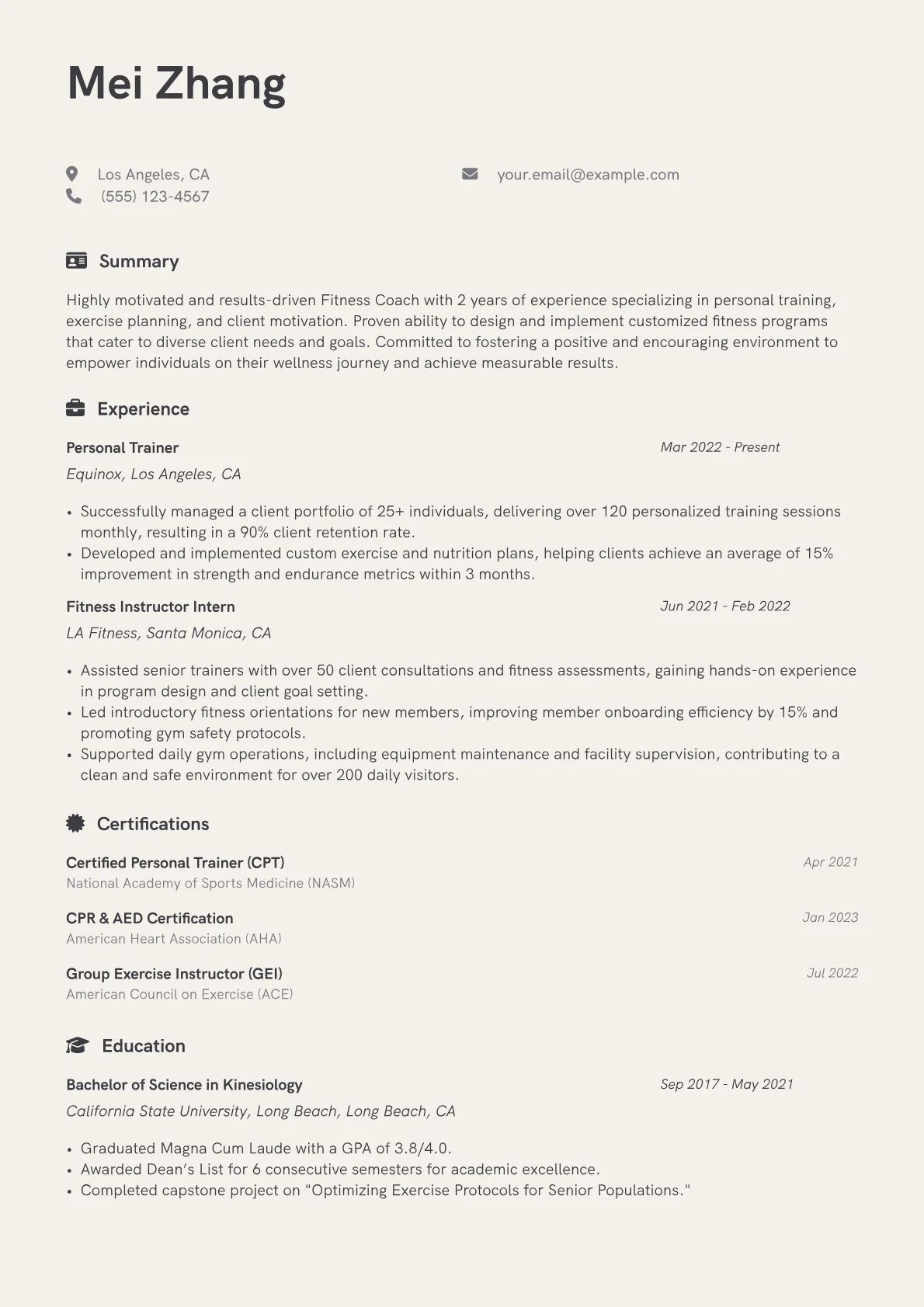 Fitness Coach Resume Example CV template - Page 1
