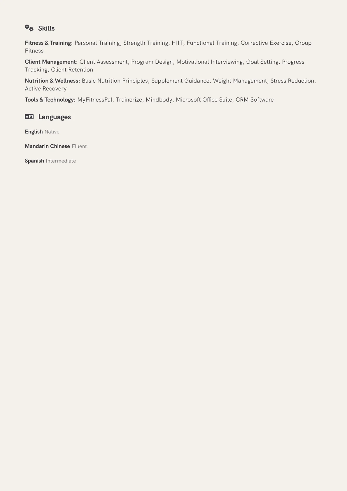 Fitness Coach Resume Example CV template - Page 2