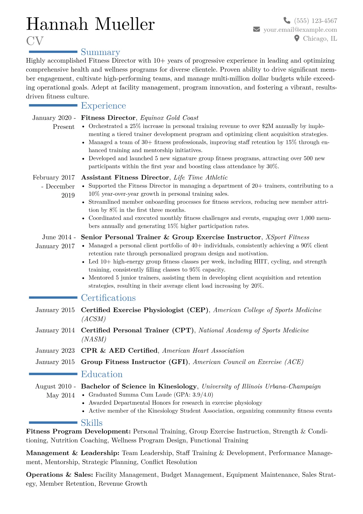 Fitness Director Resume Example CV template - Page 1