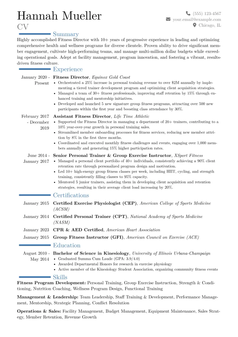 Fitness Director Resume Example CV template preview