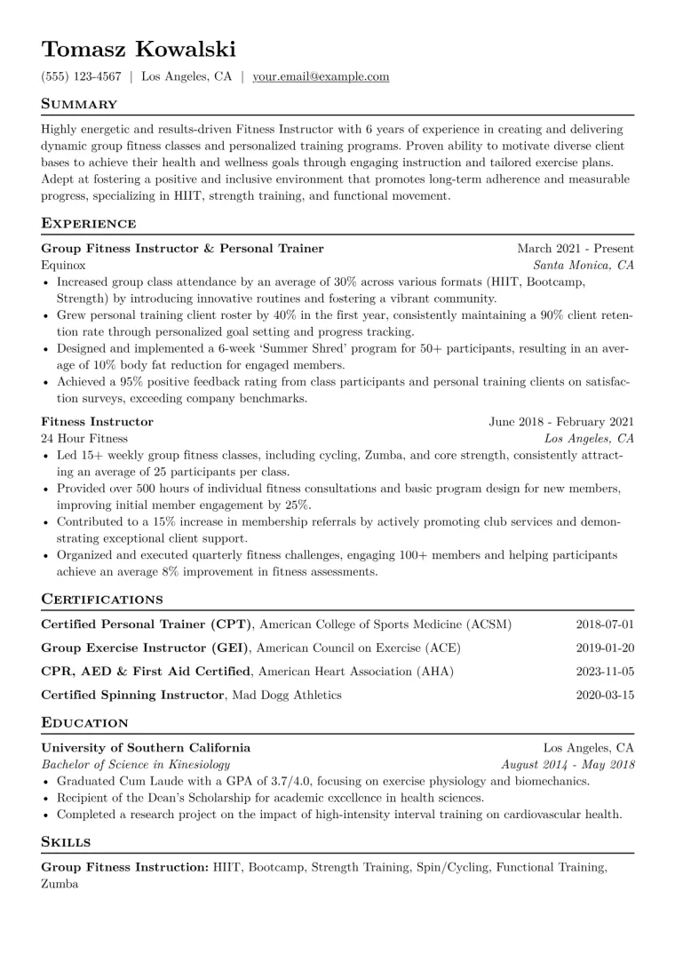 Fitness Instructor Resume Example