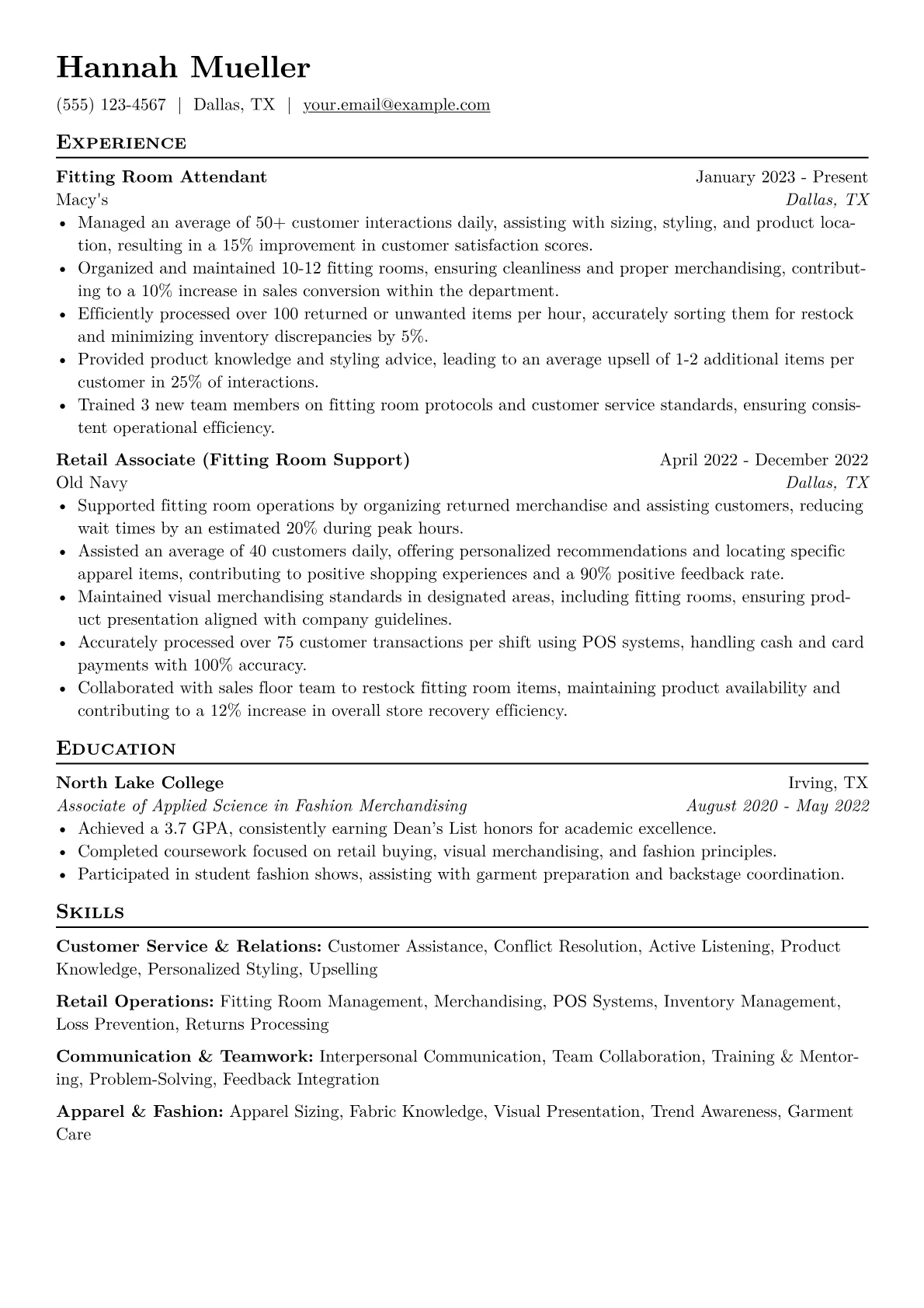 Fitting Room Attendant Resume Example CV template - Page 1