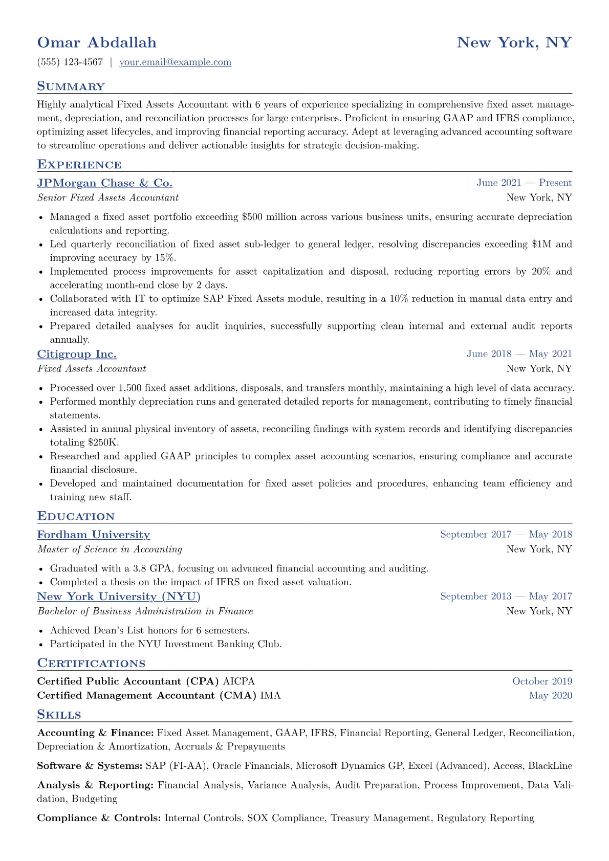 Fixed Assets Accountant Resume Example CV template - Page 1