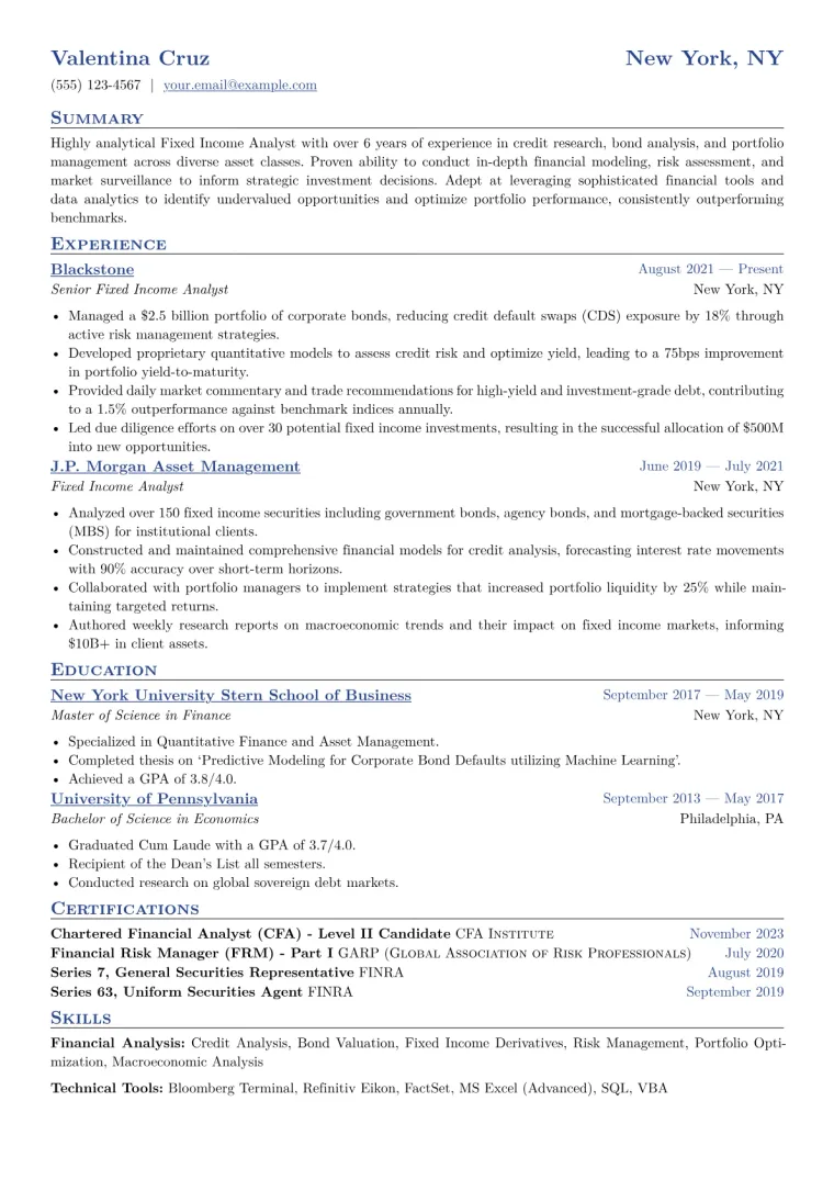 Fixed Income Analyst Resume Example CV template preview