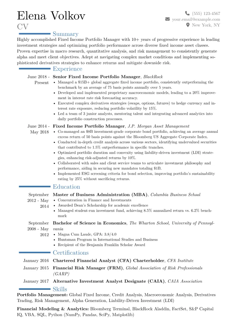 Fixed Income Portfolio Manager Resume Example CV template preview