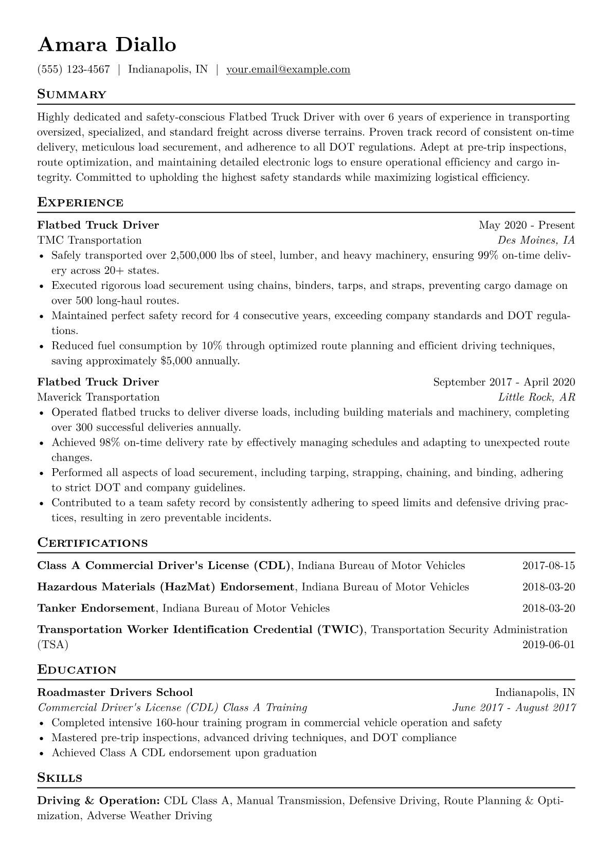 Flatbed Truck Driver Resume Example CV template - Page 1
