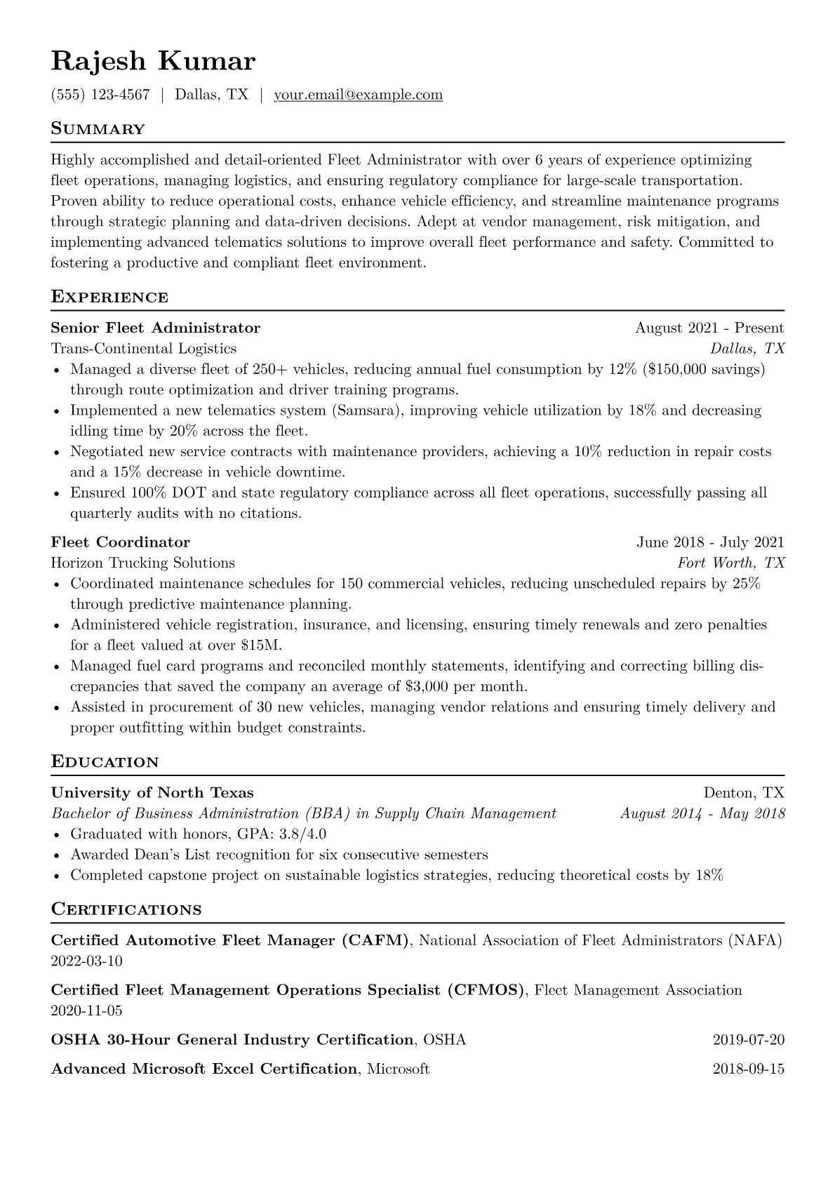 Fleet Administrator Resume Example CV template - Page 1