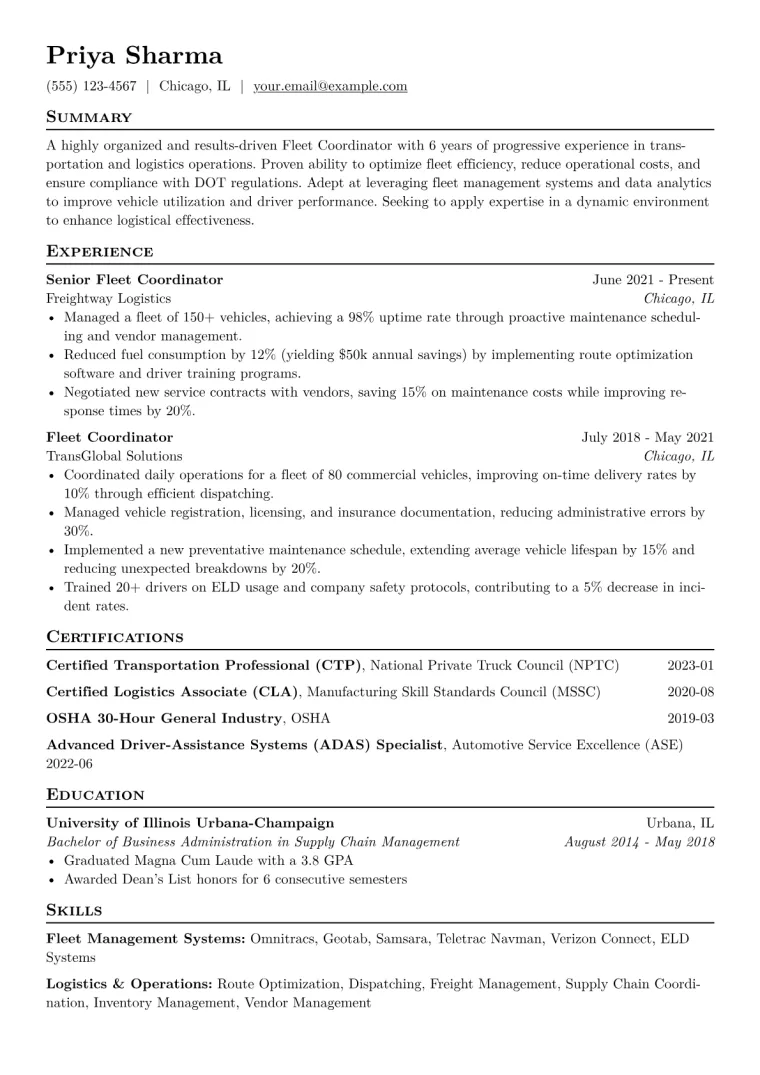 Fleet Coordinator Resume Example