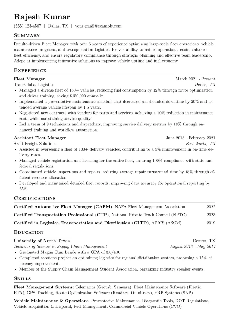 Fleet Manager Resume Example CV template preview