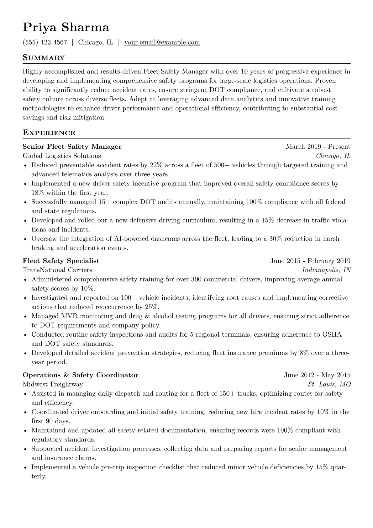 Fleet Safety Manager Resume Example CV template - Page 1