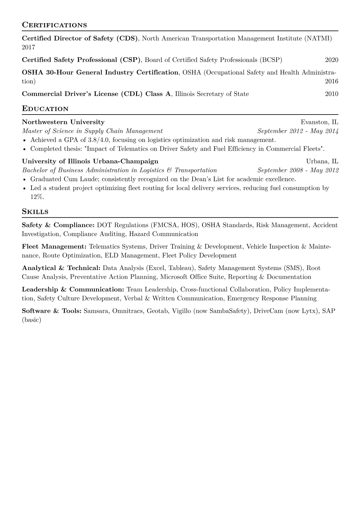 Fleet Safety Manager Resume Example CV template - Page 2