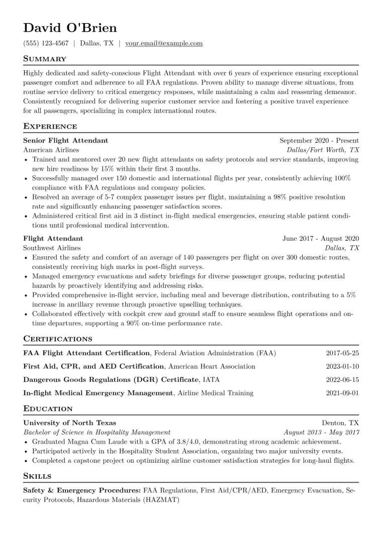 Flight Attendant Resume Example