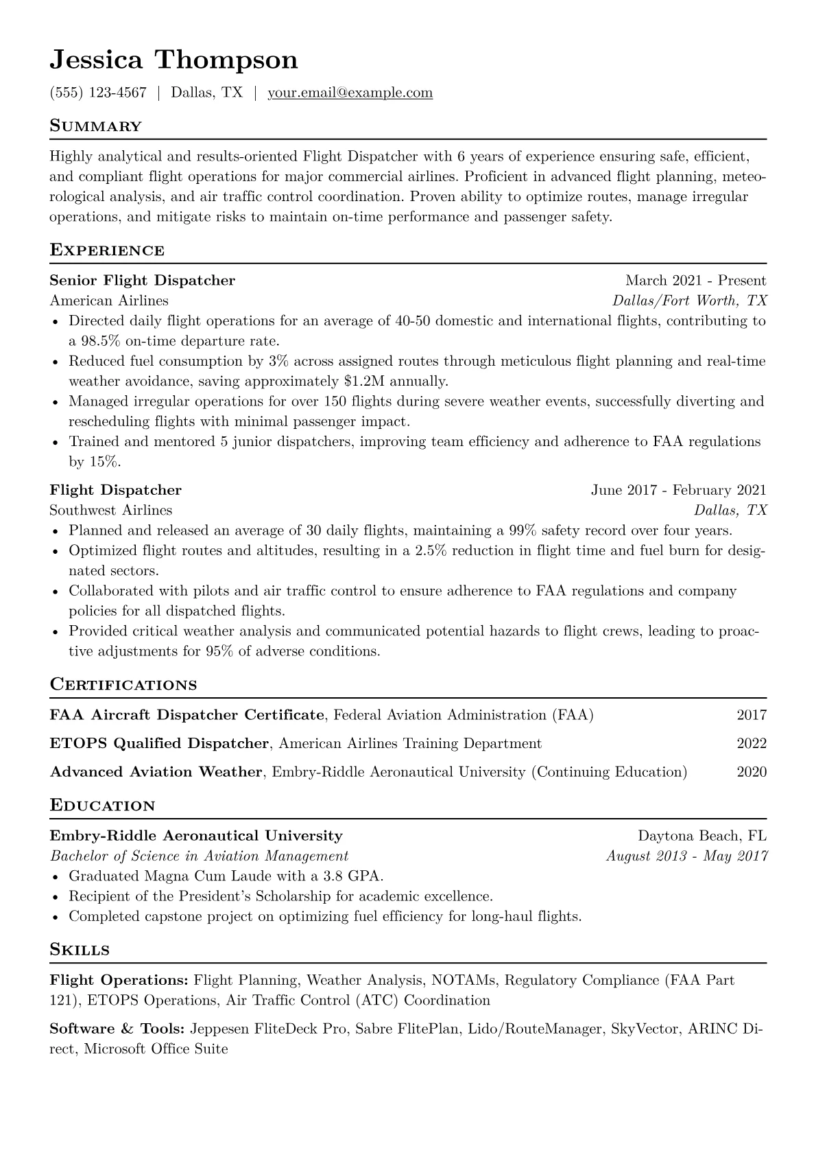 Flight Dispatcher Resume Example CV template - Page 1