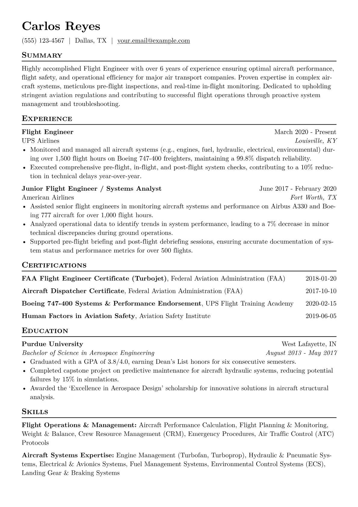 Flight Engineer Resume Example CV template - Page 1