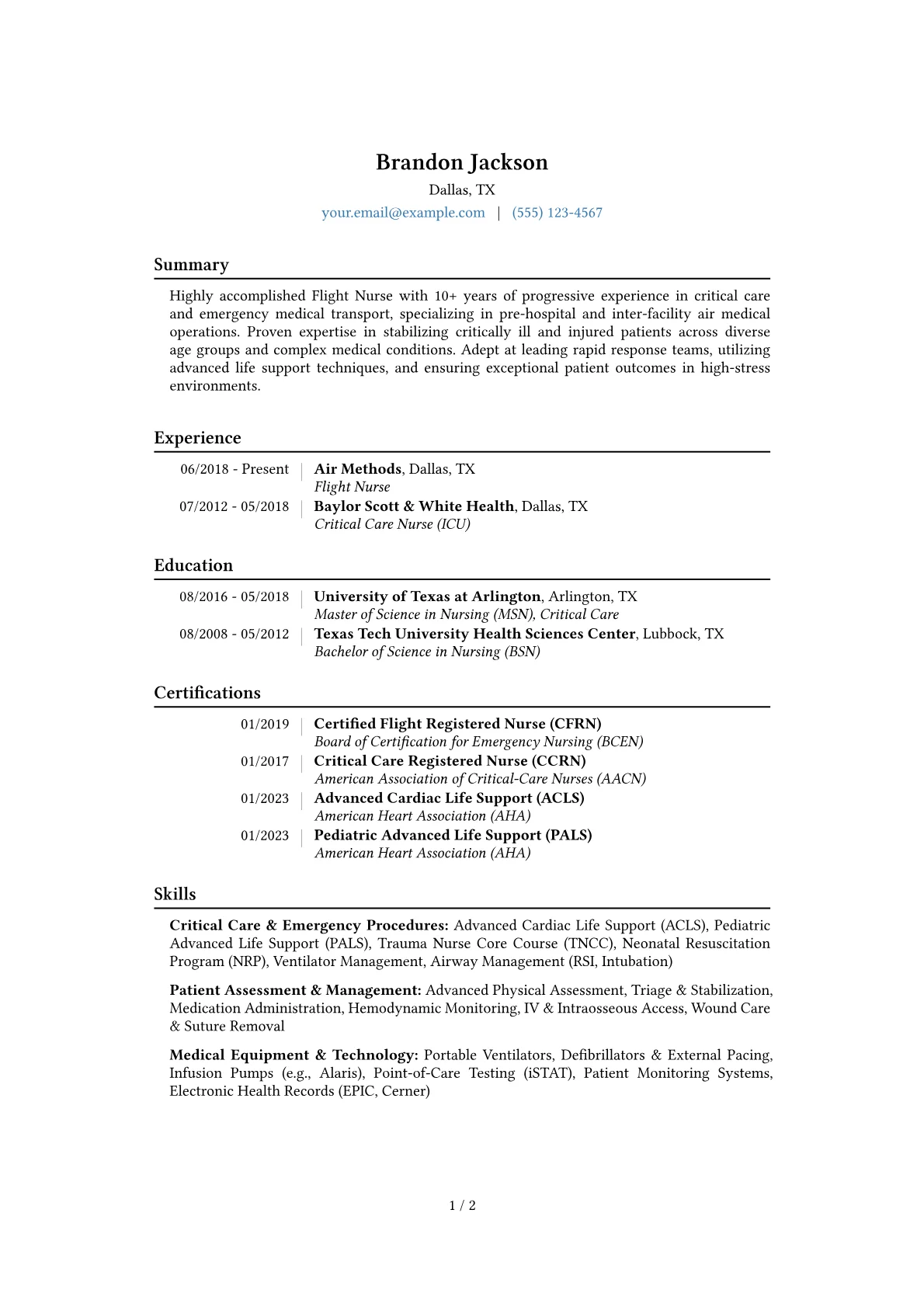 Flight Nurse Resume Example CV template - Page 1
