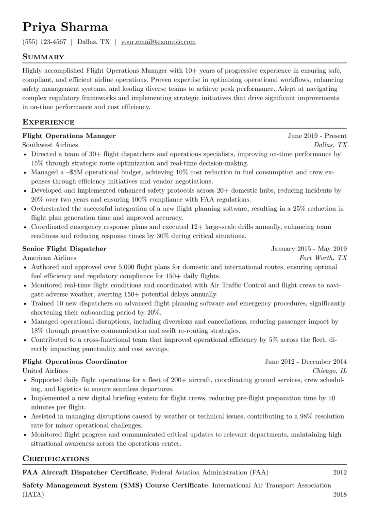 Flight Operations Manager Resume Example CV template preview