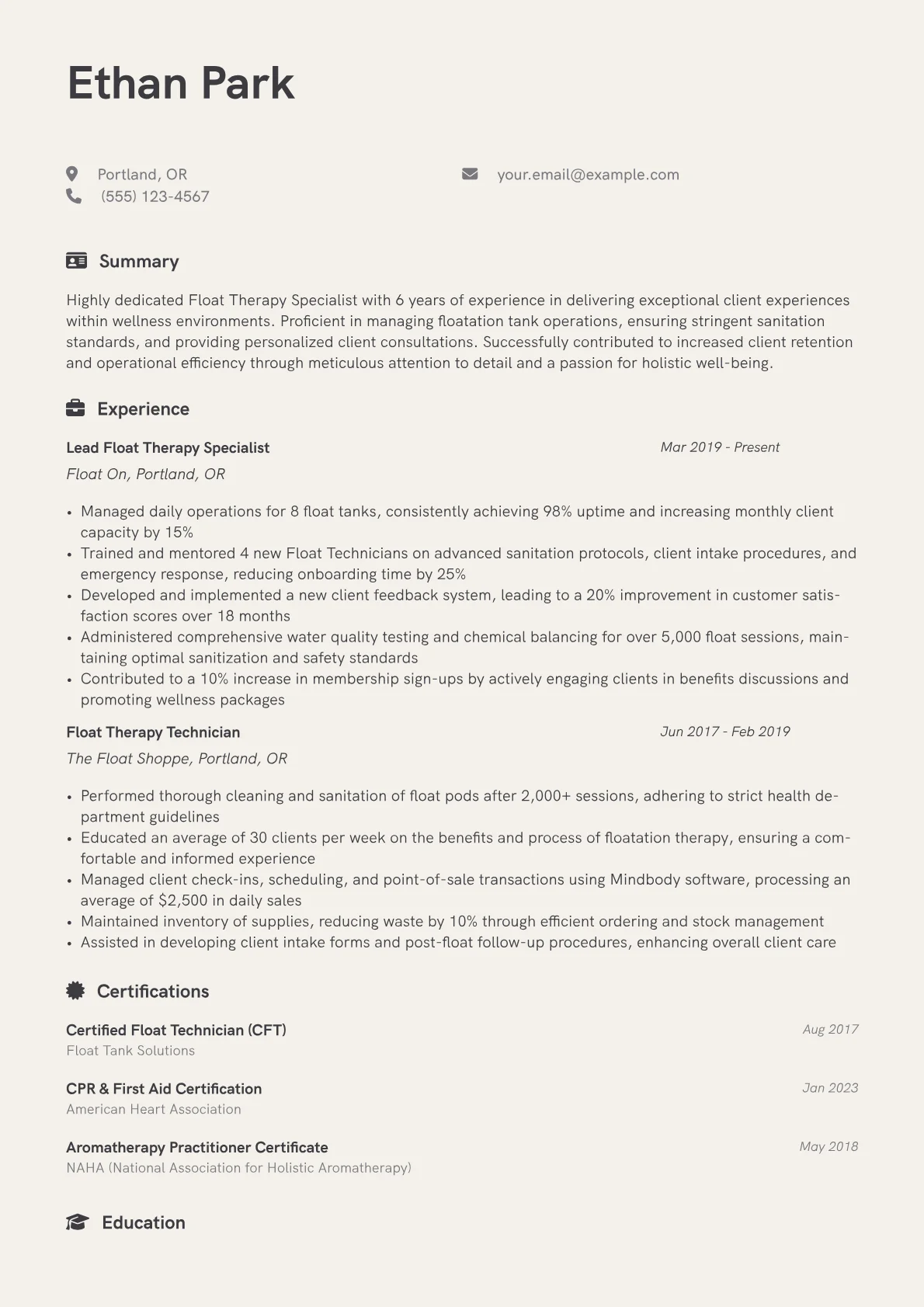 Float Therapy Specialist Resume Example CV template - Page 1