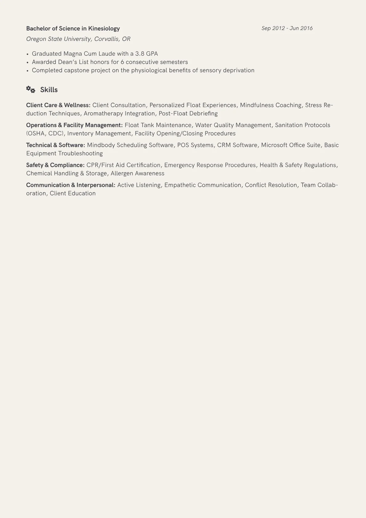 Float Therapy Specialist Resume Example CV template - Page 2