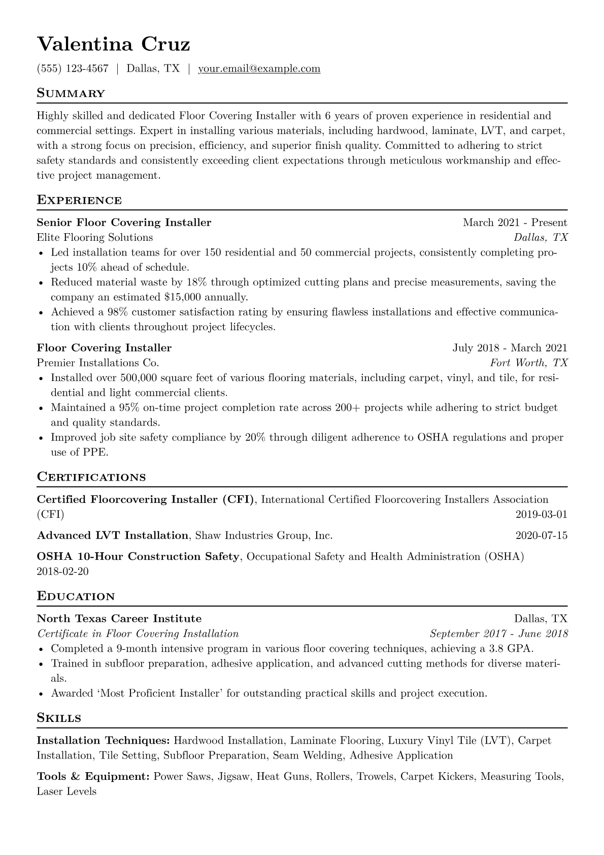 Floor Covering Installer Resume Example CV template - Page 1