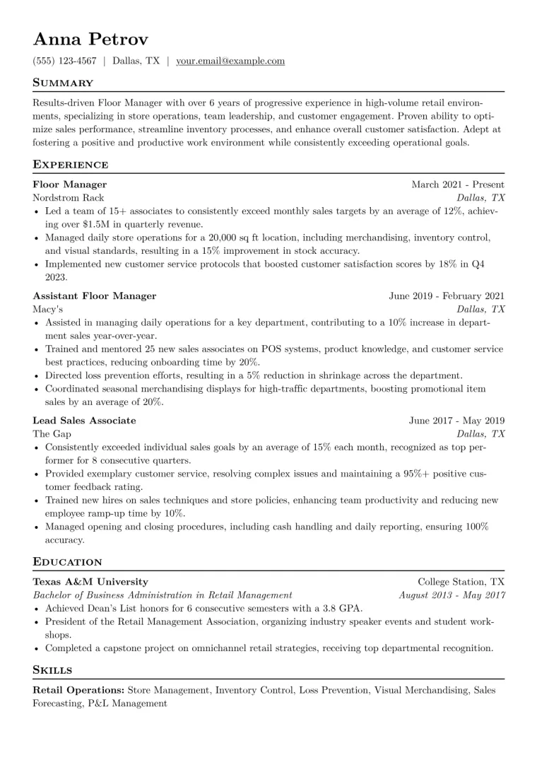 Floor Manager Resume Example CV template preview