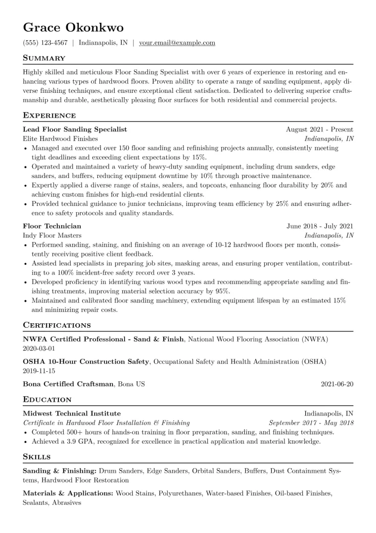 Floor Sanding Specialist Resume Example CV template preview