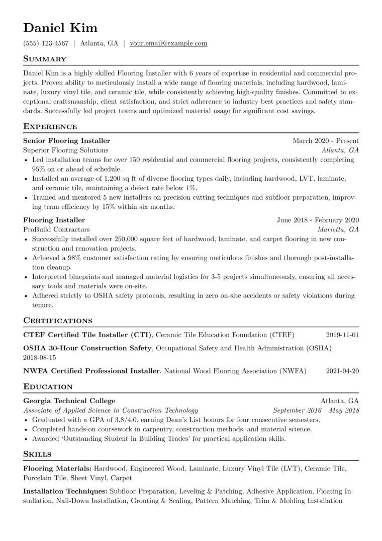 Flooring Installer Resume Example CV template preview
