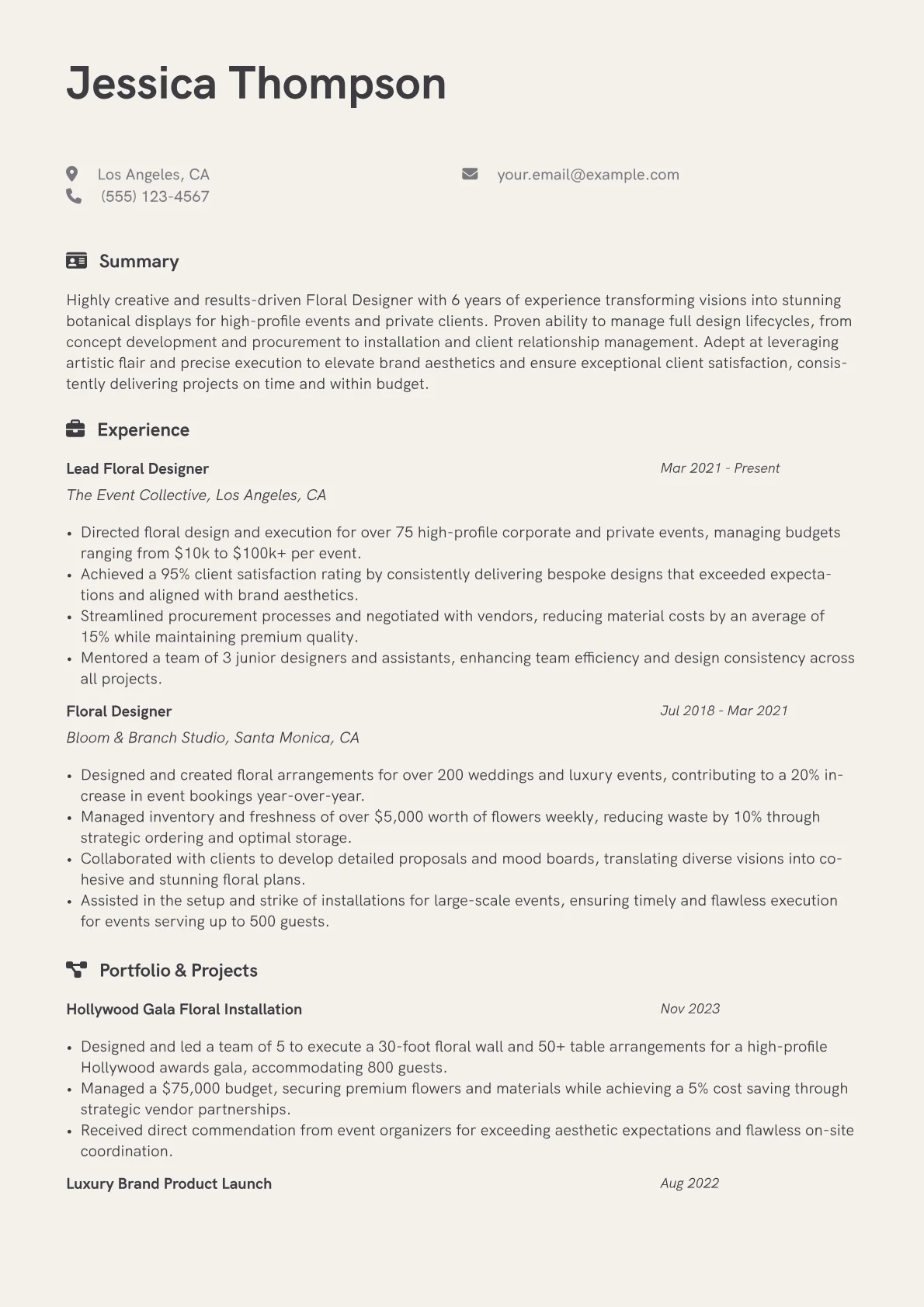 Floral Designer Resume Example CV template - Page 1