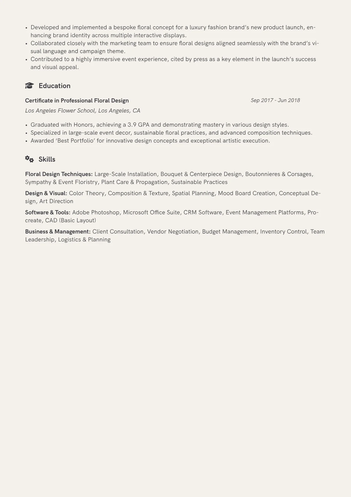 Floral Designer Resume Example CV template - Page 2