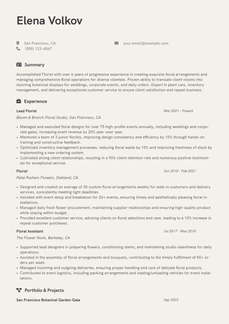 Florist Resume Example