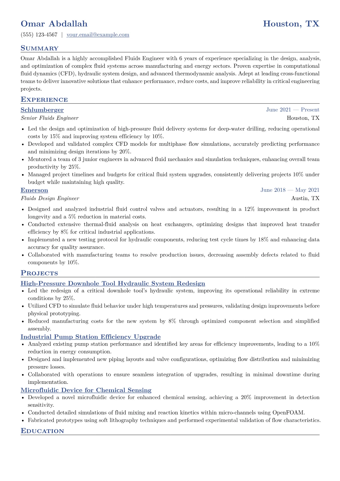 Fluids Engineer Resume Example CV template - Page 1