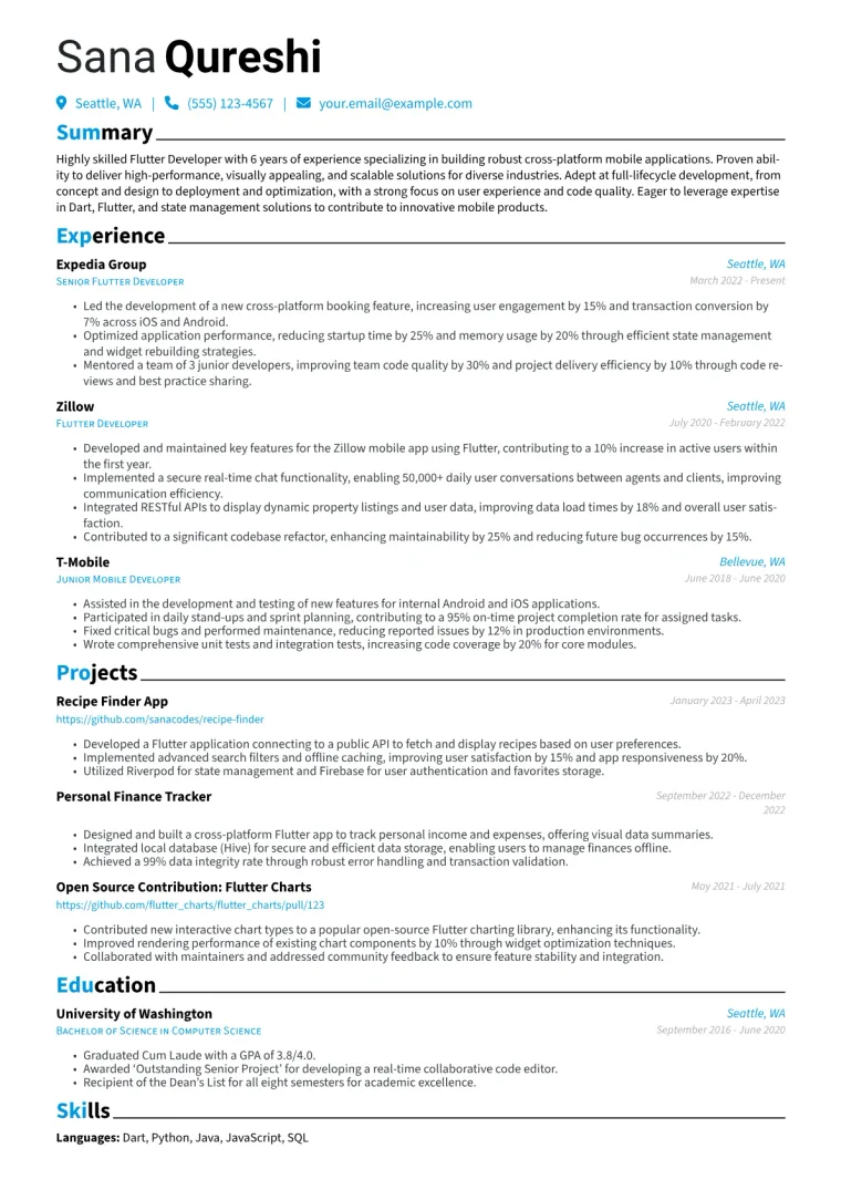Flutter Developer Resume Example CV template preview