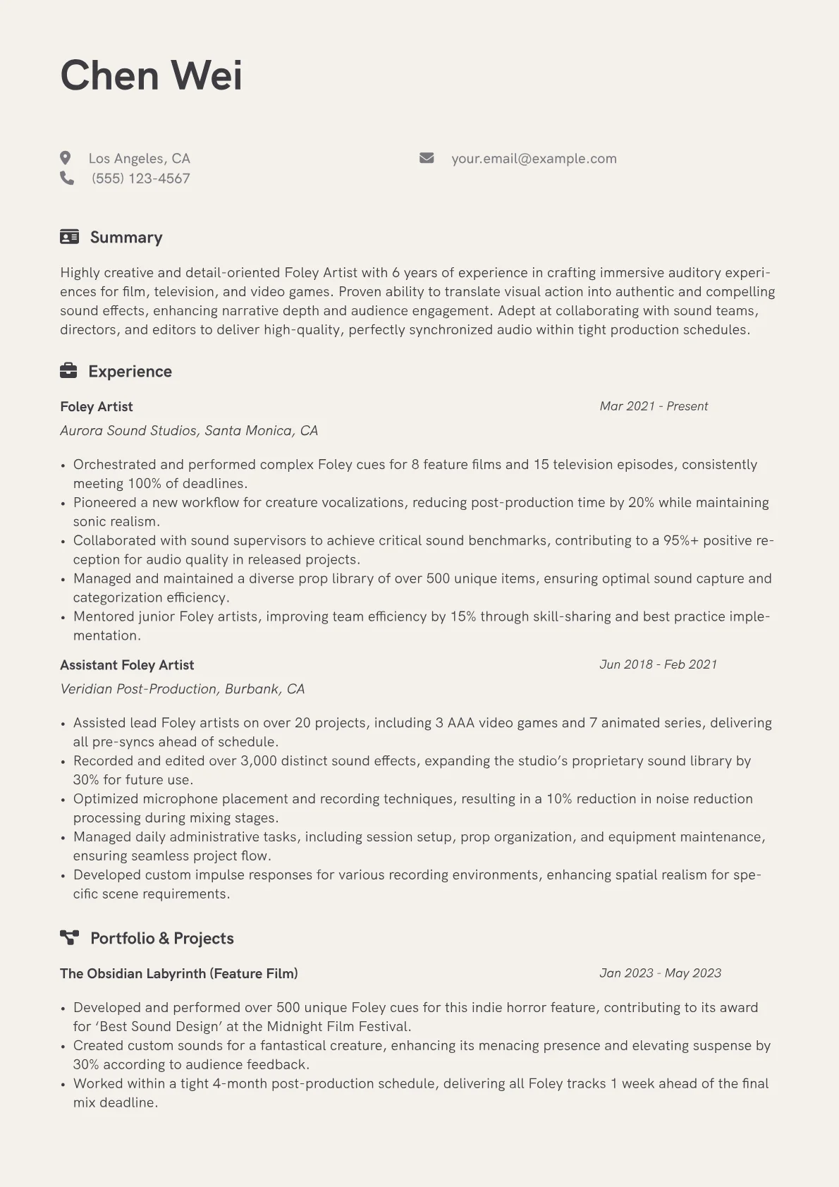 Foley Artist Resume Example CV template - Page 1